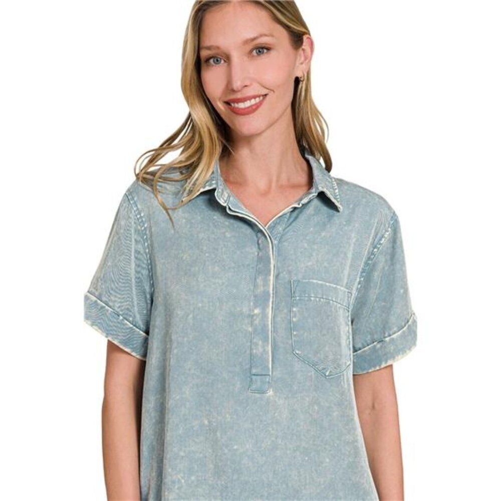 Zenana Tencel Mineral Washed Collared Shirts Dress - Picture 4 of 5
